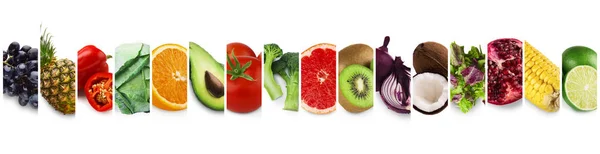 Bio gyümölcsök és zöldségek gyűjteménye, vegetáriánus étrend koncepció — Stock Fotó