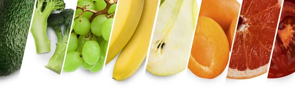 明亮的夏季食品拼贴画，新鲜的绿色，黄色和橙色水果 — 图库照片