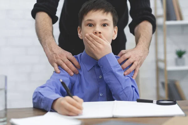 Scared Boy Victim Of Pedophilia In School — Stock Photo, Image