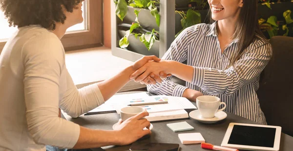 Young colleagues handshaking during informal meeting in cafe — Stock Photo, Image