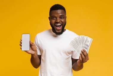 Mutlu adam cep telefonu ve para demet gösteren çalışma