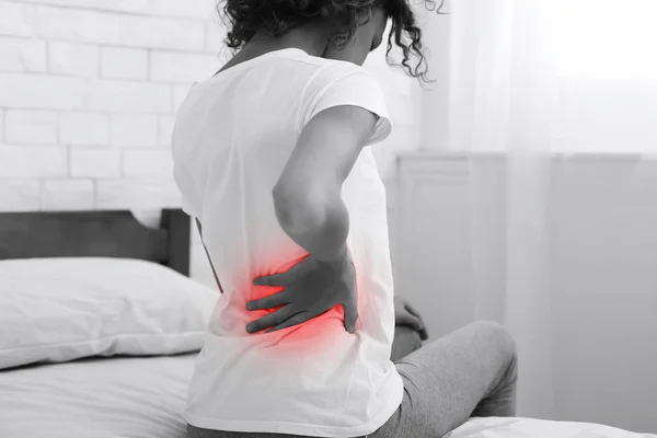 Woman Having Back Pain After Sleep, Sitting On Bed — Stock Photo, Image