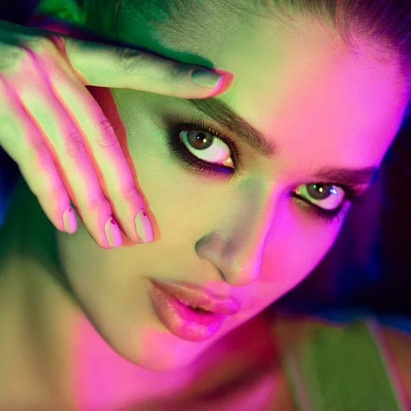 Trendy Make-up. Girl Posing In Colorful Bright Lights — Stock Photo, Image