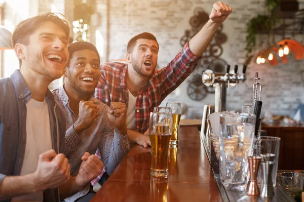 Futbol taraftarları barda maç izliyor ve bira içiyor — Stok fotoğraf