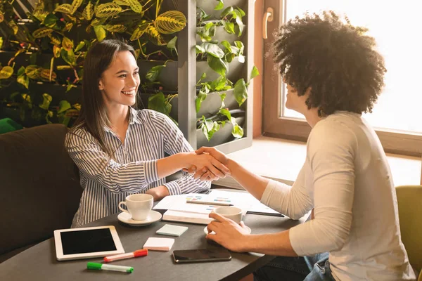 Freundliche Geschäftsleute beim Händeschütteln beim Geschäftsessen — Stockfoto