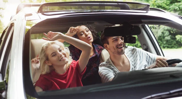 Gelukkige vrienden die plezier hebben in de auto — Stockfoto