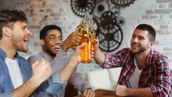 Celebrate Meeting In Bar. Friends Clinking Beer Bottles — Stock Photo, Image