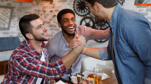 Old Friends Meeting. Mates Meet In Beer Pub