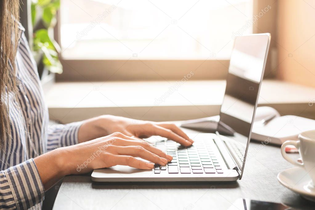 Female skilled freelancer working on portable laptop