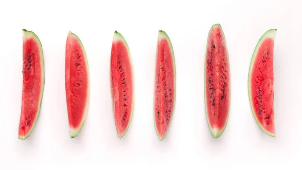 Row of fresh ripe watermelon pieces, isolated on white — Stock Photo, Image