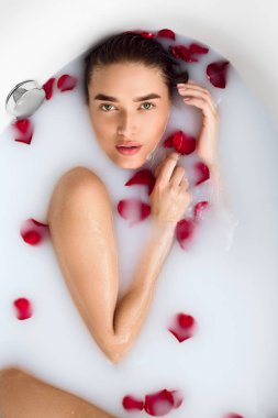 Naked Girl Enjoying Milk Bath With Rose Petals clipart