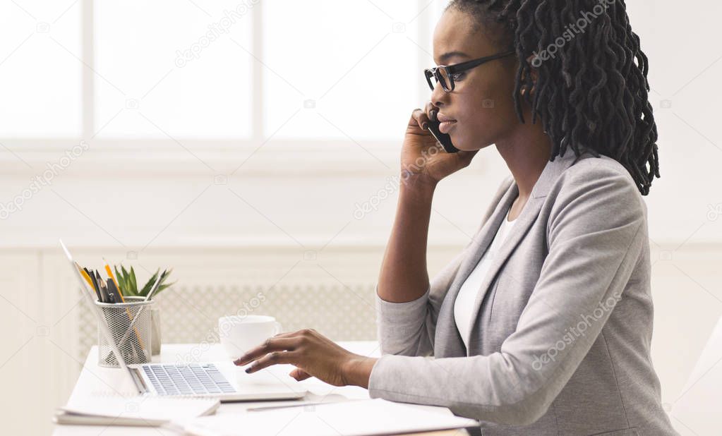 African-American Freelancer Working In Modern Office, Free Space