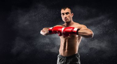 Konsantre boksör eğitim için hazırlanıyor ve kamera poz