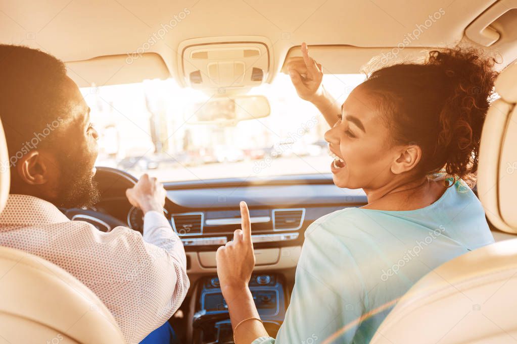 Enjoy Journey. Couple Listening Music In Car