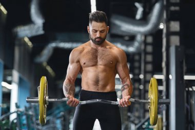 Spor salonunda ağır halter ile konsantre powerlifter eğitim