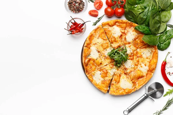 Fresh Cheesy Pizza Served On White Table — Stock Photo, Image