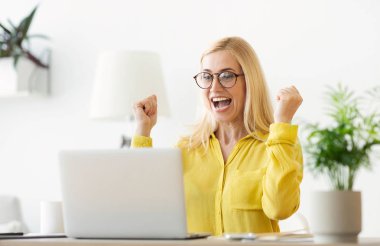 Mutlu Başarılı İşkadını Ofiste Laptop ile Zafer