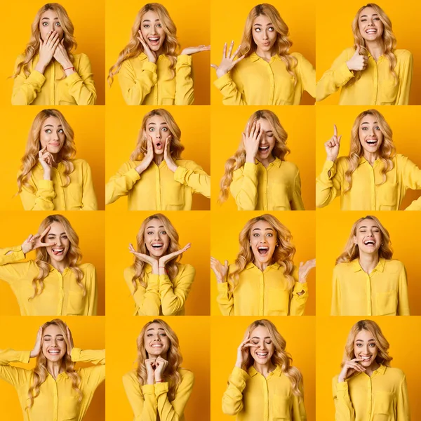 Set Of Young Girl Emotions. Blonde Woman Grimacing — Stock Photo, Image