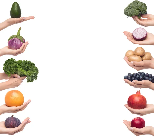 Pionowy kolaż owoców i warzyw w rękach — Zdjęcie stockowe