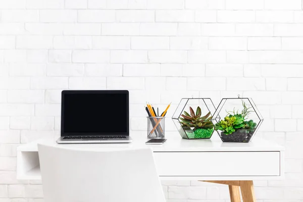 Posto di lavoro domestico moderno con il computer portatile e le piante della casa allo sfondo bianco della parete del mattone — Foto Stock
