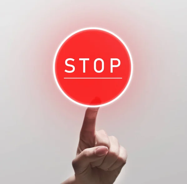 Woman Finger Pushing red round stop sign — 스톡 사진