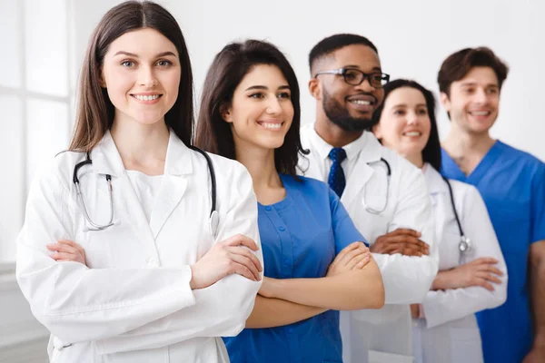 Tem of Confident Doctors and Interns Standing In Hospital — Foto de Stock