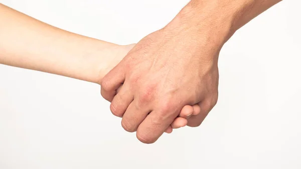 Vaders hand leiden van zijn zoon, witte achtergrond — Stockfoto