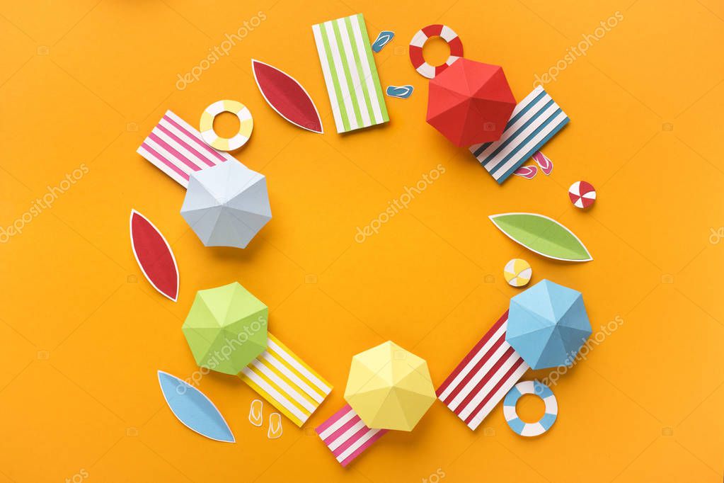 Summer vacation for big family on yellow background, round blank space, panorama, paper photo