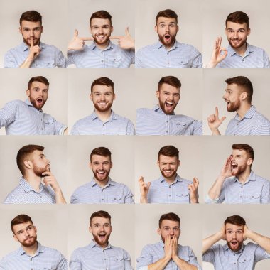 Farklı emotinler ile genç adam portreleri Kolaj