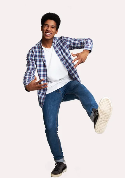 Just Having Fun. Excited Guy Jumping Against White Background — Stock Photo, Image
