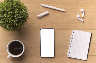 Ofis masasında beyaz boş ekran ile Modern cep telefonu