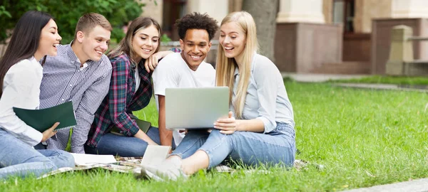 Estudantes universitários usando laptop, se preparando para palestra no parque — Fotografia de Stock
