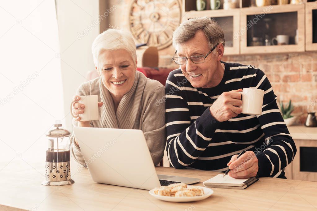 Cheerful senior couple looking at laptop in kitchen