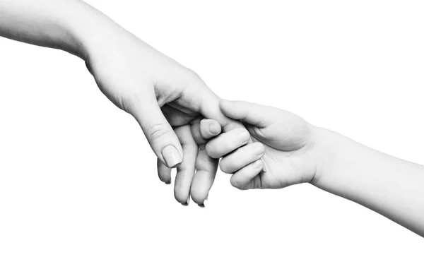 Παιδί χέρι κρατώντας το δάχτυλο της μητέρας σε λευκό φόντο — Φωτογραφία Αρχείου