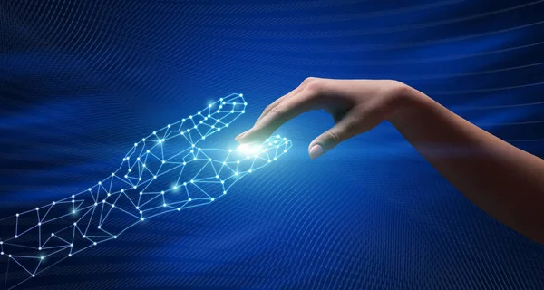 Tecnologia del futuro. Connessione tra mondo umano e mondo virtuale Immagine Stock