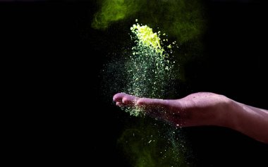 El siyah renk festivali için sarı holi toz tutan