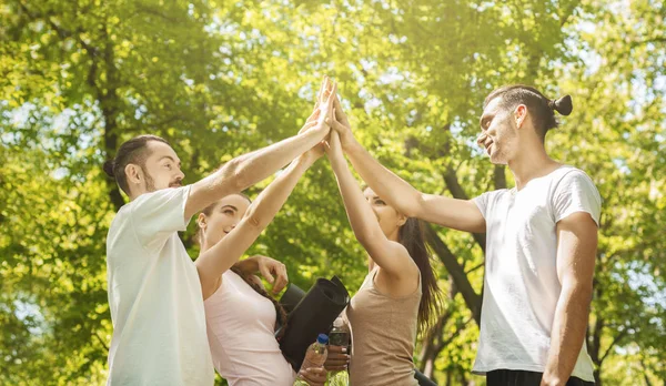 Emocionados jóvenes dando choco cinco después de una formación exitosa juntos —  Fotos de Stock