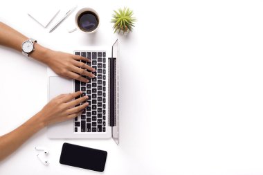 Bitki ile temiz beyaz ofis masasında dizüstü bilgisayarda yazma kadın