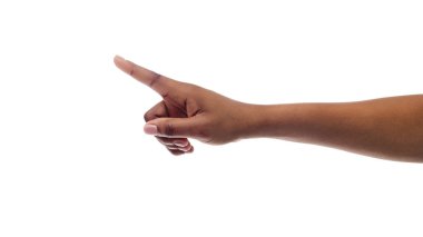 Afro kadınlar el bir şey işaret parmak, beyaz izole