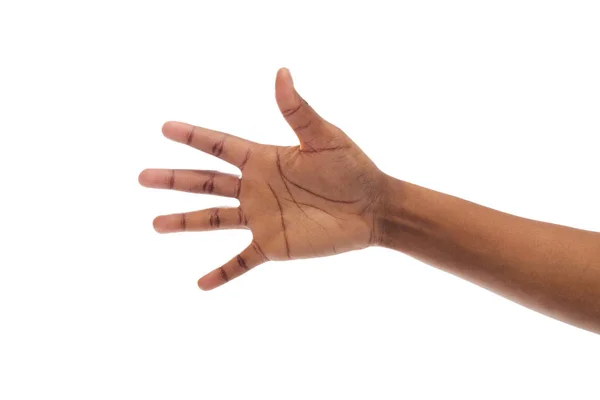 Uitgerekt zwarte vrouwelijke hand Gesturing open Palm geïsoleerd op wit — Stockfoto