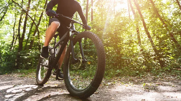 Imagem recortada de bicicleta ciclista na floresta — Fotografia de Stock