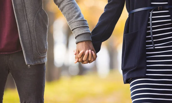 Pareja afroamericana enamorada cogida de la mano en el parque otoñal —  Fotos de Stock