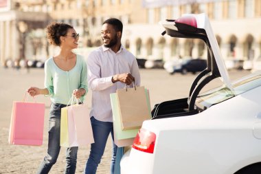 Arabada çanta düzenlenmesi alışveriş sonra Afro çift