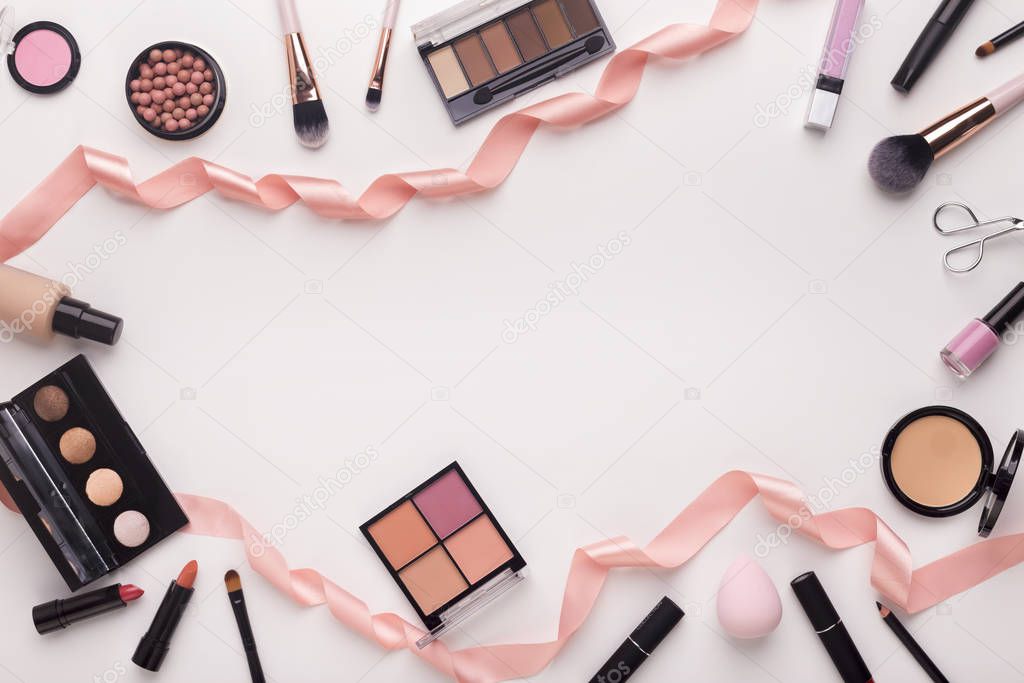 Decorative cosmetic for evening makeup with pink ribbon