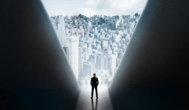 Büyük duvarlar arasında modern şehre mola ayakta adam