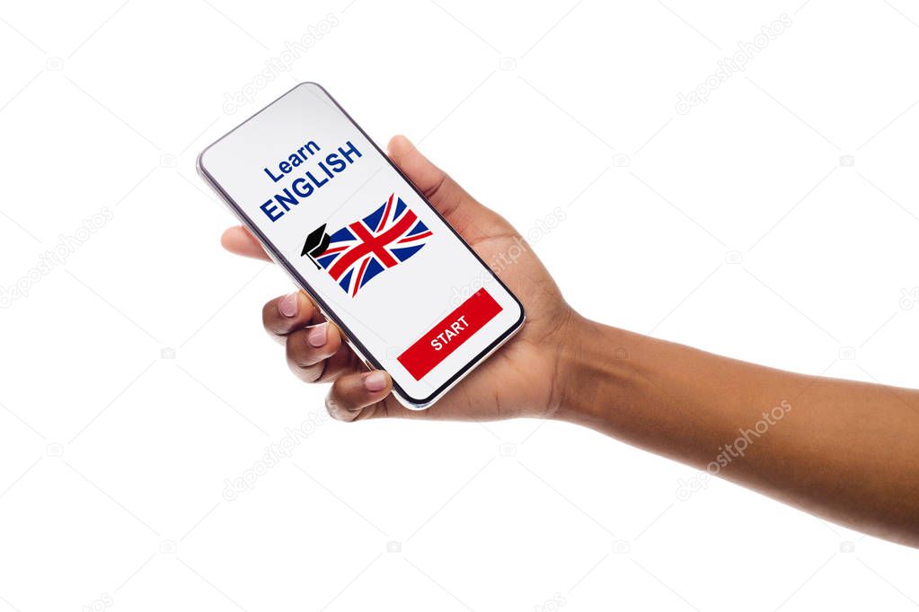 Application For Learning English On Phone In Black Female Hand