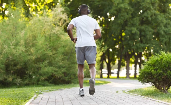 Atlético afro-americano homem correndo ao longo da trilha do parque — Fotografia de Stock