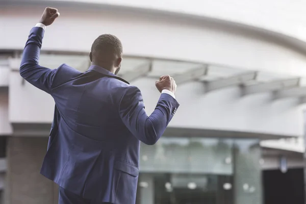 African american job seeker celebrating successful interview — Stock Photo, Image