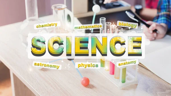 Woord wetenschap en componenten op chemie laboratorium achtergrond — Stockfoto