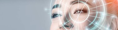 Woman with electronic information analysing inside eye clipart